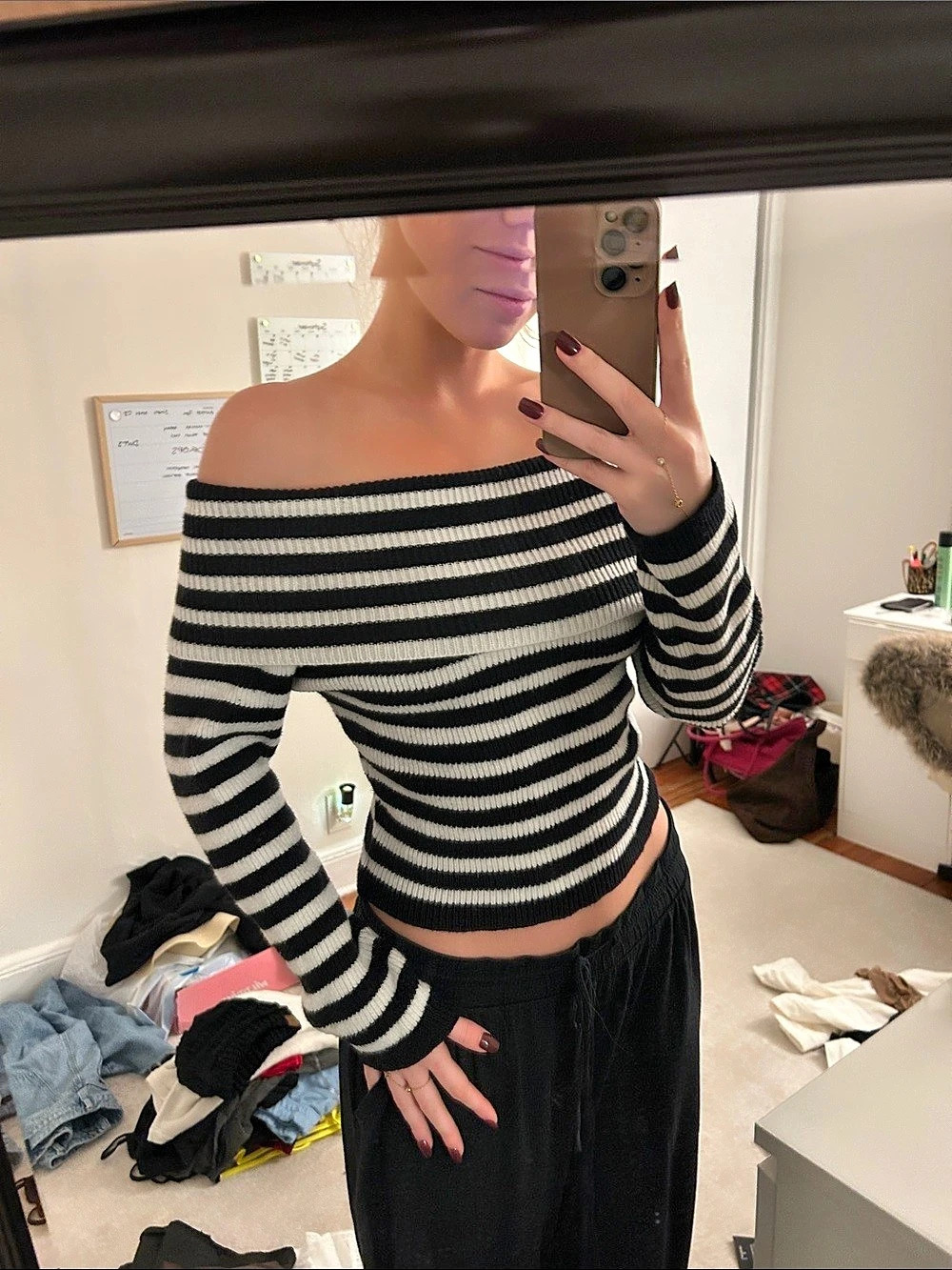 Princess Polly Striped Off-the-Shoulder Sweater in Black & White Like New